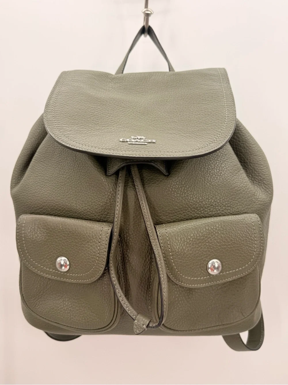 COACH Pebbled Leather Pennie Drawstring Backpack Olive Green